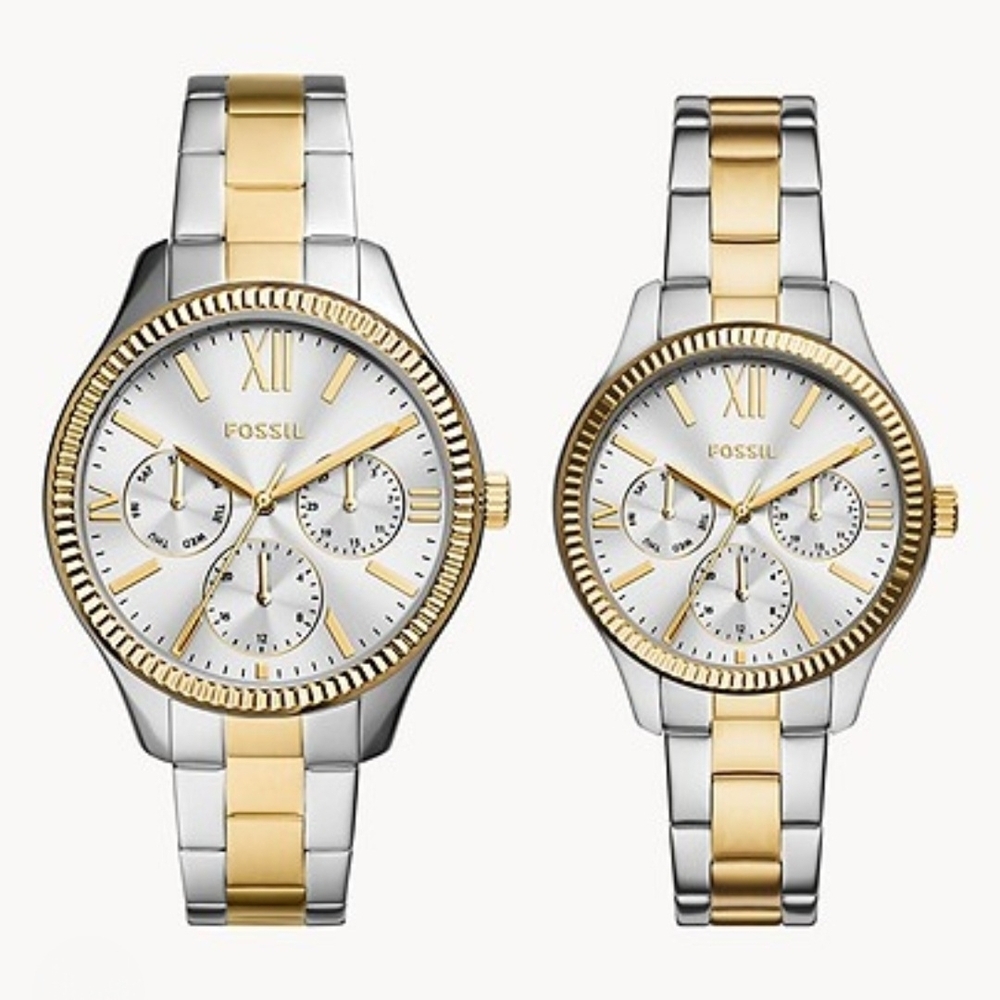 Elegant His & Her FOSSIL 2-Tone Multifunction Gold & Silver Watch SET -NWT & NIB